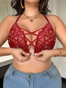 SHEIN 1pc Front Closure Lace Plus Size Wireless Bra, Lift - Red - View 6