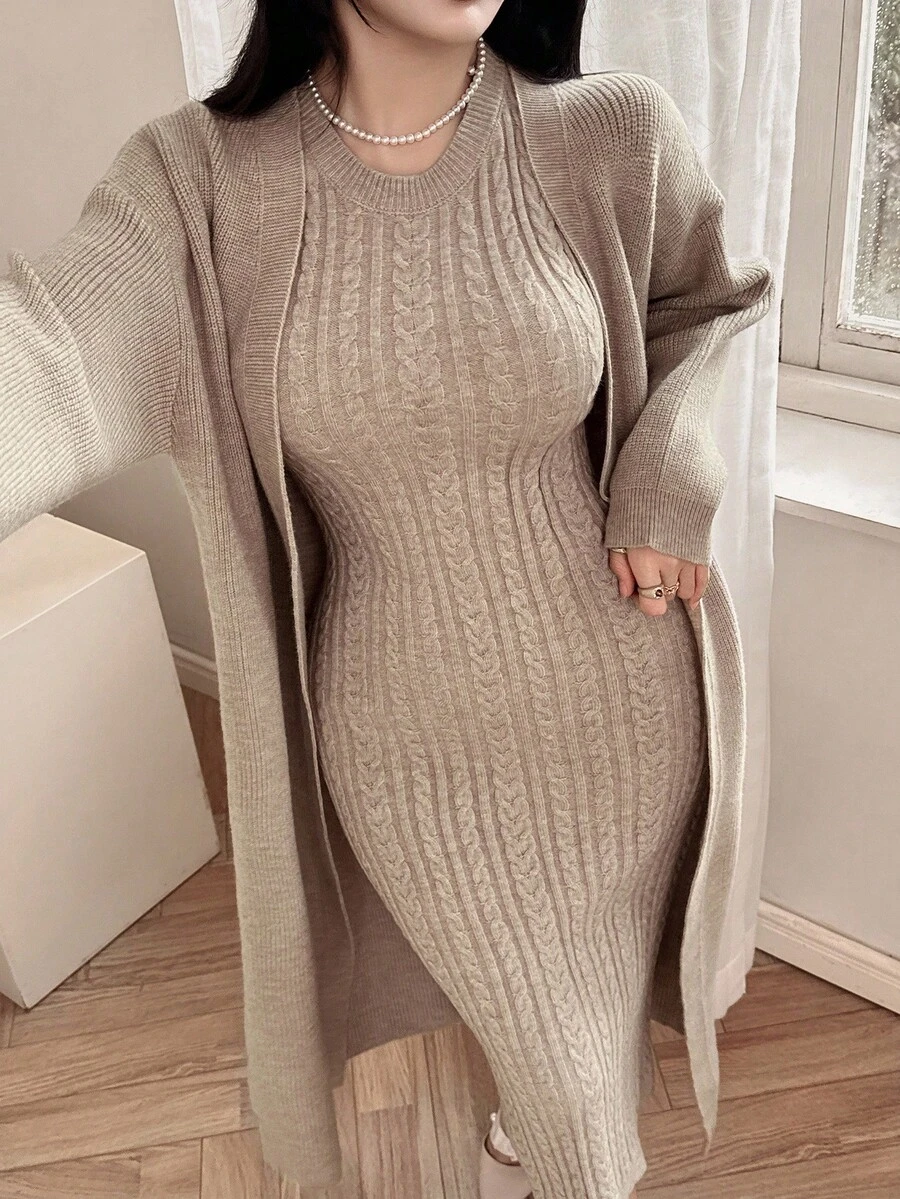 DAZY Women's Elegant Sleeveless Dress & Long Cardigan Two Pieces Set, Autumn - Khaki - View 1