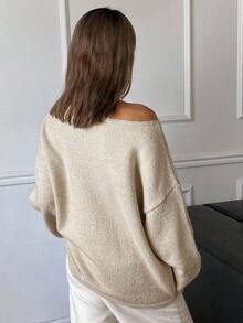 DAZY 女士纯色宽松长款灯笼袖圆领露肩休闲针织毛衣，秋冬 - 杏色 - 查看 2