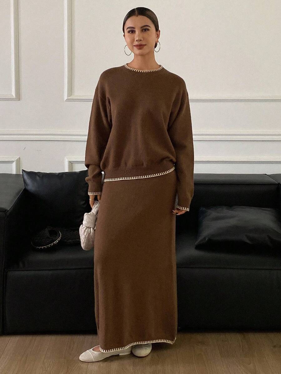 DAZY 2件套女士秋季蕾丝刺绣宽松毛衣和裙子套装 - 棕色 - 查看 1