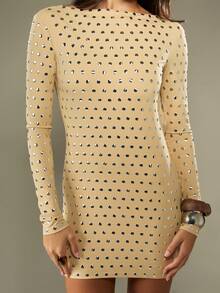 MISSGUIDED Vestido mini de manga larga con estampado de lunares metálicos, espalda abierta, para fiesta, club, salida nocturna, moda Y2K, otoño e invierno, llamativo - Amarillo claro - Ver 5
