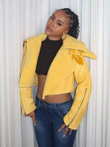 Y2K Amplova 女款黄色性感活力吸睛大翻领皮革和毛皮拉链长袖夹克，适合秋冬季上学和日常穿着 - 黃色 - 查看 14