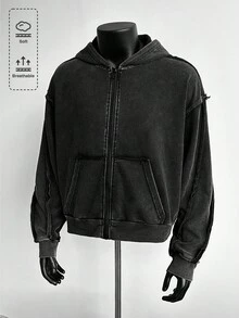 ROMWE MEN Casual 男士休闲拉链口袋连帽卫衣，秋季款，长袖上衣 - 黑色 - 查看 1