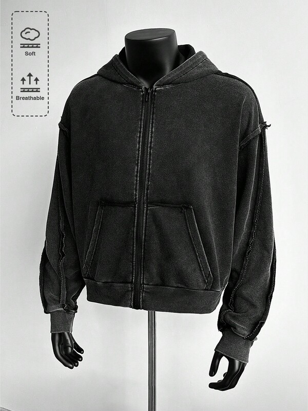 ROMWE MEN Casual 男士休闲拉链口袋连帽卫衣，秋季款，长袖上衣