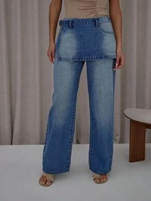 MUSERA Falda de mezclilla lavada con panel superpuesto y cinturón, elegante, linda, sexy, ropa de calle para otoño, primavera y verano - Azul lavado medio - Ver 2