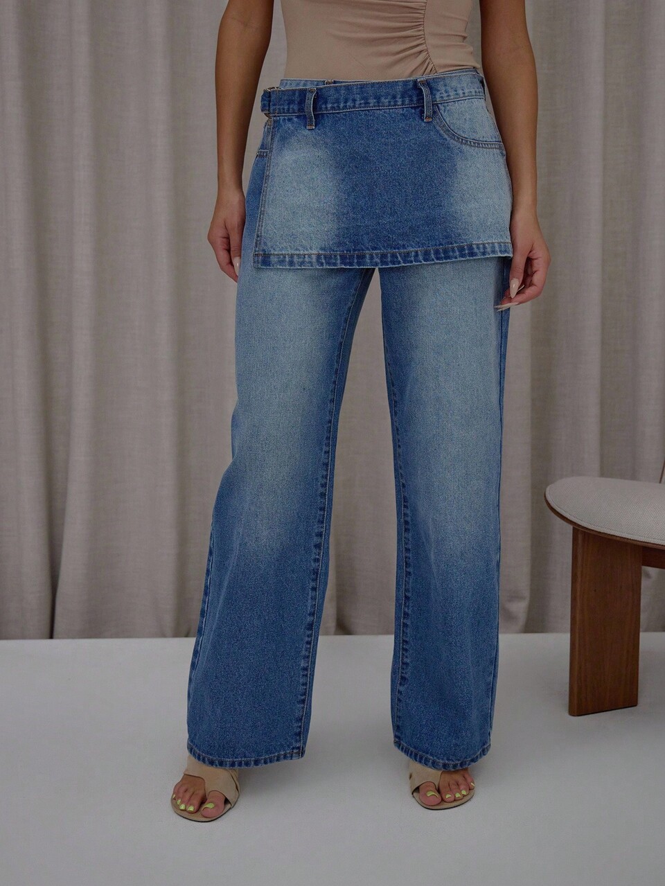 Saia de Denim Lavada com Painel Sobreposto e Cinto, Elegante, Fofa, Sexy, Streetwear, Outono, Inverno, Noite, Primavera, Verão