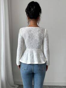 Selianne Elegant French Style Beige Embossed Jacquard Blouse With Romantic Puff Sleeves, Fitted Waist And A-Line Hem, Fashionable And Charming Design For Back To School Season, Spring/Autumn - Apricot - View 4