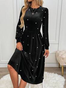 SHEIN LUNE Vestido largo de terciopelo casual con cuentas para mujer, vestido de terciopelo con adornos de perlas, vestido de terciopelo elegante, vestido midi negro, vestido elegante de manga larga, vestido midi elegante, vestido de terciopelo negro, vestido de fiesta de carnaval, conjunto de fiesta para mujer, vestido negro, vestido de otoño para mujer - Negro - Ver 7