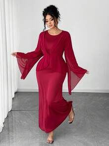 Elenzga Elegantes Kleid in Große Größen für Damen mit rundem Ausschnitt, asymmetrischen Ärmeln, figurbetonter Passform, Chiffon-Patchwork und Schlitz am Rücken - Bordeaux - Übersicht 4