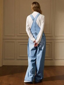 Écloséra Women's Casual Washed Loose Denim Bib Pants - Medium Wash - View 2