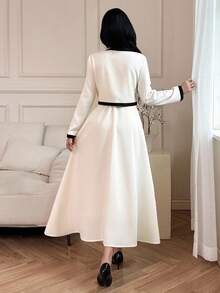 DAZY Women's Elegant Color Block Cardigan Dress Two Pieces Set, Autumn - Beige - View 2