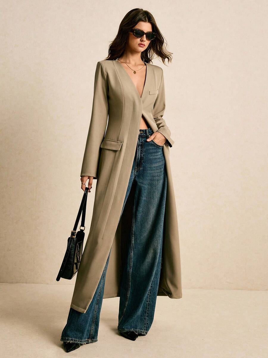 Poéselle Áo khoác nữ dáng dài đơn hàng ngày cổ chữ V màu trơn, cài khuy đơn, mùa thu - Màu Xám nhạt - Xem 1