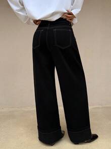 K-Vae Women's Autumn And Winter Black Fleece Warm Jeans, Ribbon Decorative Pockets, College Style, Korean Style,Halloween Costumes,Chic Autumn - Black - View 3