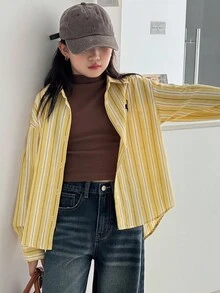 Dazy Kids Tween Girl Casual Everyday Contrast Striped Long Sleeve Shirt - Yellow - View 3