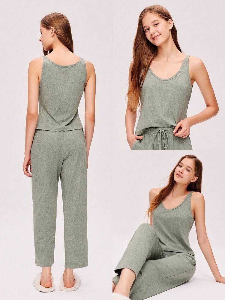 Ensemble de pyjama d'été pour femmes en coton mélangé doux, avec débardeur col V et pantalon long. Ensemble ample avec poches, pouvant être porté comme vêtement de jour ou de nuit.