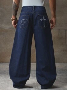 AXEPEAK Jeans casuales anchos y sueltos con bolsillo bordado con cruz para hombres - Azul - Ver 4