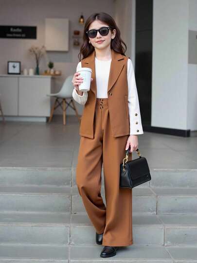 SHEIN 3 件套青少年女孩无袖西装外套、T 恤和裤子