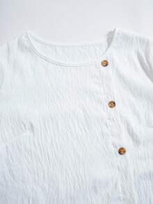 Rusticease Women's SPring White Textured Round Neck Single Breasted Decor Long Sleeve And Pants Plus Size Two Pieces Set - White - View 8