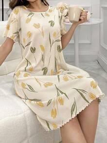 Textured Fabric Short Sleeve Sleep Dress Pajama Dress With Tulip Print, Moo Moo - Yellow - View 3