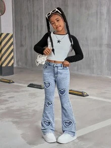 Jeans pitillo para niñas preadolescentes con bordado de corazón desgastado, pantalones vaqueros de denim azul claro lavado casual