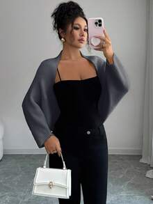 Elenzga 女式蝙蝠袖开衫，百搭，优雅，适合度假，节日，高端品牌，针织毛衣 - 灰色 - 查看 1