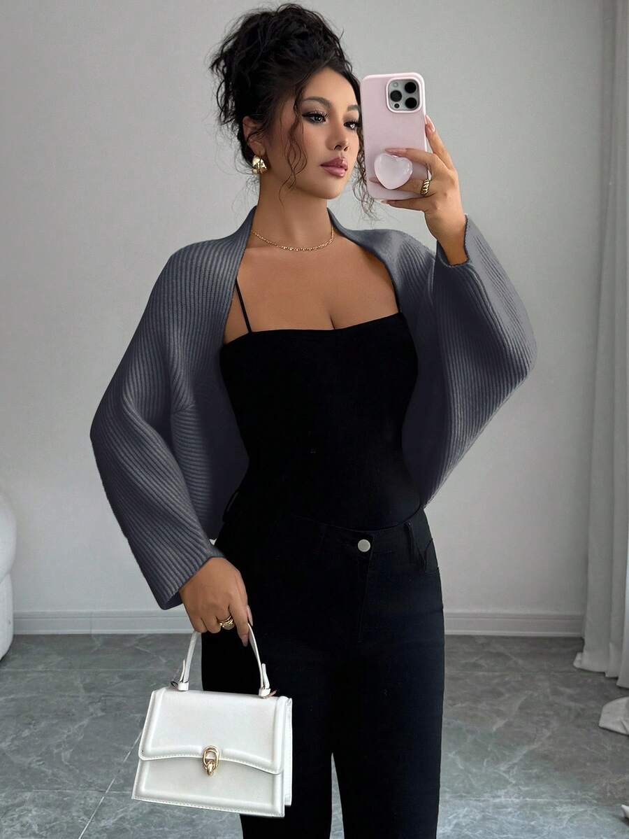 Elenzga 女式蝙蝠袖开衫，百搭，优雅，适合度假，节日，高端品牌，针织毛衣 - 灰色 - 查看 1