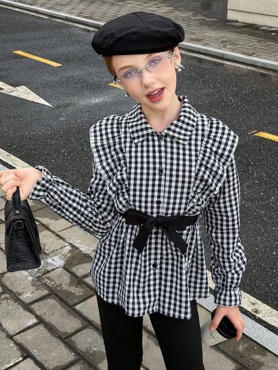 SHEIN 2 件套青少年女孩休闲英伦风格格子领衬衫 + 黑色紧身裤，适合秋季休闲装