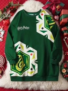 HARRY POTTER X SHEIN 大码女式休闲圣诞字母图案落肩宽松套头衫 - 綠色 - 查看 1