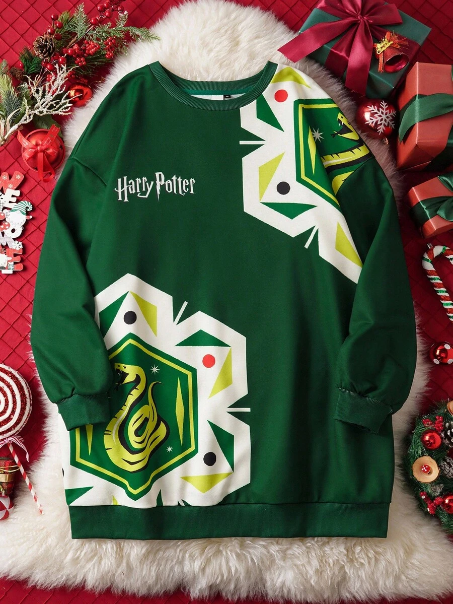 HARRY POTTER X SHEIN 大码女式休闲圣诞字母图案落肩宽松套头衫 - 綠色 - 查看 1