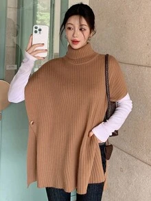 DAZY Suéter de punto suelto de cuello alto y manga corta, de unicolor, elegante y casual, para otoño/invierno - Café integral - Ver 7