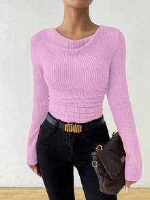 RosyDaze Vintage asymmetrisches drapiertes Hals strukturiertes gerüschtes figurbetontes Langarm T-Shirt Langarm Oberteil geripptes Oberteil Damen Langarm Oberteil figurbetontes Oberteil Schalkragen Oberteil - Pink - Übersicht 6