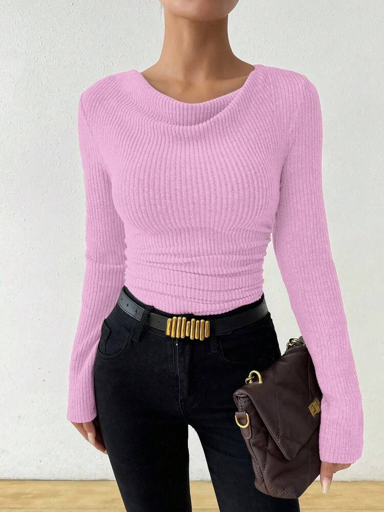 RosyDaze Vintage Asymmetrical Draped Neck Textured Ruched Fitted Long Sleeve T-Shirt Long Sleeve Top Ribbed Top Women Long Sleeve Top Fitted Top Cowl Neck Top - Pink - View 6
