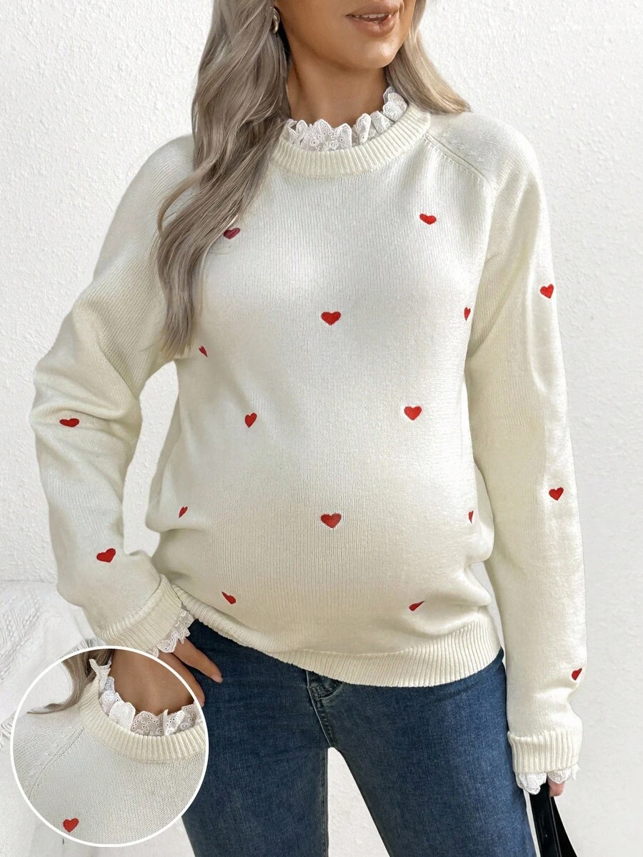 SHEIN 女士心形印花刺绣蕾丝边孕妇长袖毛衣 - 米色 - 查看 1