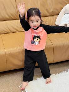 DAZY 2pcs Baby Girls' Cartoon Print T-Shirt With Raglan Sleeve & Loose Solid Color Pants Pajama Set Fall,Winter Toddler Girls Clothes - Baby Pink - View 4