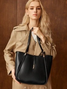 MOTF PREMIUM 女士 PU 皮革五金细节托特包 - 黑色 - 查看 7