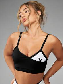 Missguided x Playboy 对比色拼接运动胸罩，耐冲击，吸湿排汗，运动支撑上衣，适合瑜伽、跑步、普拉提、工作室健身、积极生活方式 - 黑色 - 查看 4