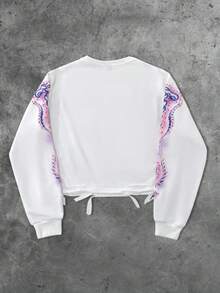 ROMWE MEN Street Life Spring Casual Graphic White Men'S Vintage Cross & Angel Print Distressed Short Pullover Sweatshirt, Suitable For Autumn/Winter, Long Sleeve Top - White - View 2