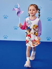 SHEIN | PAW Patrol 年轻女孩可爱卡通小狗印花圆领长袖针织运动衫连衣裙 - 粉色 - 查看 6
