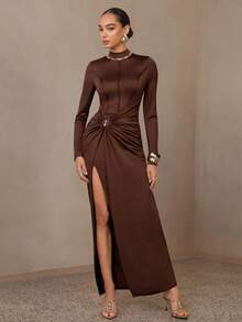 Modelyn 女士时尚性感裹身高开衩连衣裙 - 棕色 - 查看 4