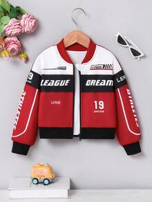 SHEIN Young Girl Colorblock Letter Print Cropped Long Sleeve Loose Stand Collar Zip-Up Bomber Jacket, Suitable For Autumn Fall Winter Varsity Jacket Race Car Girls - Red - View 3