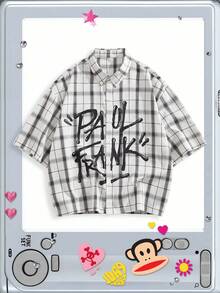 ROMWE MEN Paul Frank X ROMWE 男士字母格纹印花纽扣短袖衬衫 - 彩色 - 查看 2