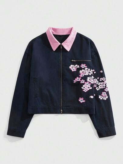 ROMWE MEN Spring Casual Graphic Men'S Fashionable Floral Embroidery Collar Zip-Up Denim Jacket