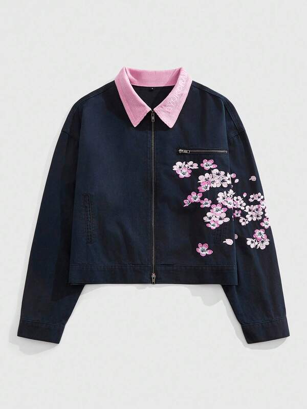 ROMWE MEN Casual Men's Fashionable Floral Embroidery Collar Zip-Up Denim Jacket