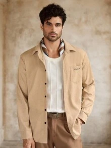 Manfinity VCAY Men's Casual Embroidered Long Sleeve Shirt, Suitable For Everyday Wear, Fall - Khaki - View 2