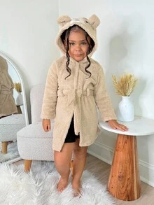 年轻女孩可爱熊刺绣 3D 耳朵加厚腰长袍，圣诞节和万圣节家居服 - 卡其色 - 查看 3