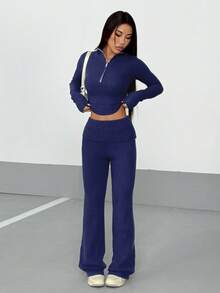 StreetHx 2 件套街头服饰女式纯色拉链修身长袖毛衣套装，秋冬 - 藍色 - 查看 3