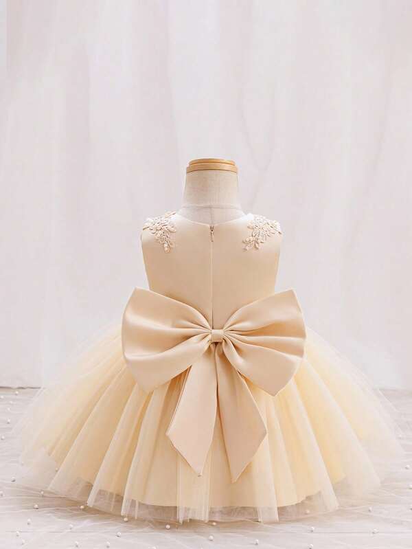 Glamorique Kids 婚礼活动礼服，女童无袖刺绣花卉连衣裙，3D 腰带蝴蝶结，薄纱蓬松公主裙，优雅婚礼、派对、晚会