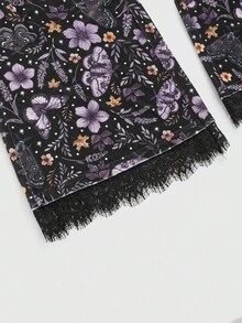 ROMWE Goth Pantalones de mujer con estampado de plantas del bosque oscuro gótico, cintura elástica y parches de encaje