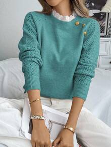 EMERY ROSE New Floral Trim Round Neck Loose Casual Women Sweater - Green - View 5