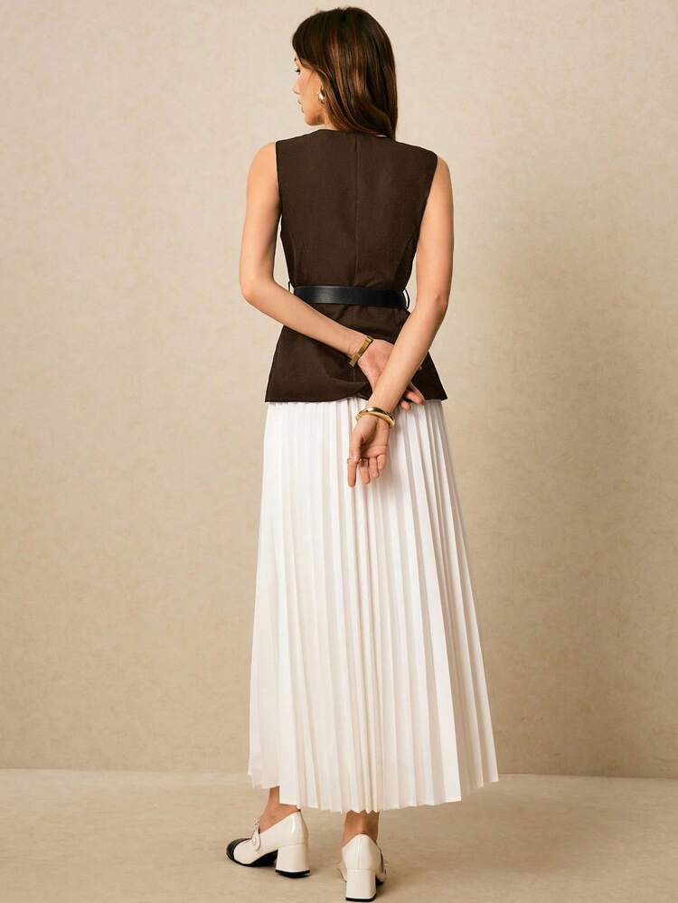 Poéselle Women's Solid Color Single-Breasted Vest And Pleated Midi Skirt Elegant Suit Set Autumn Winter Clothes For Women - Coffee Brown - View 6